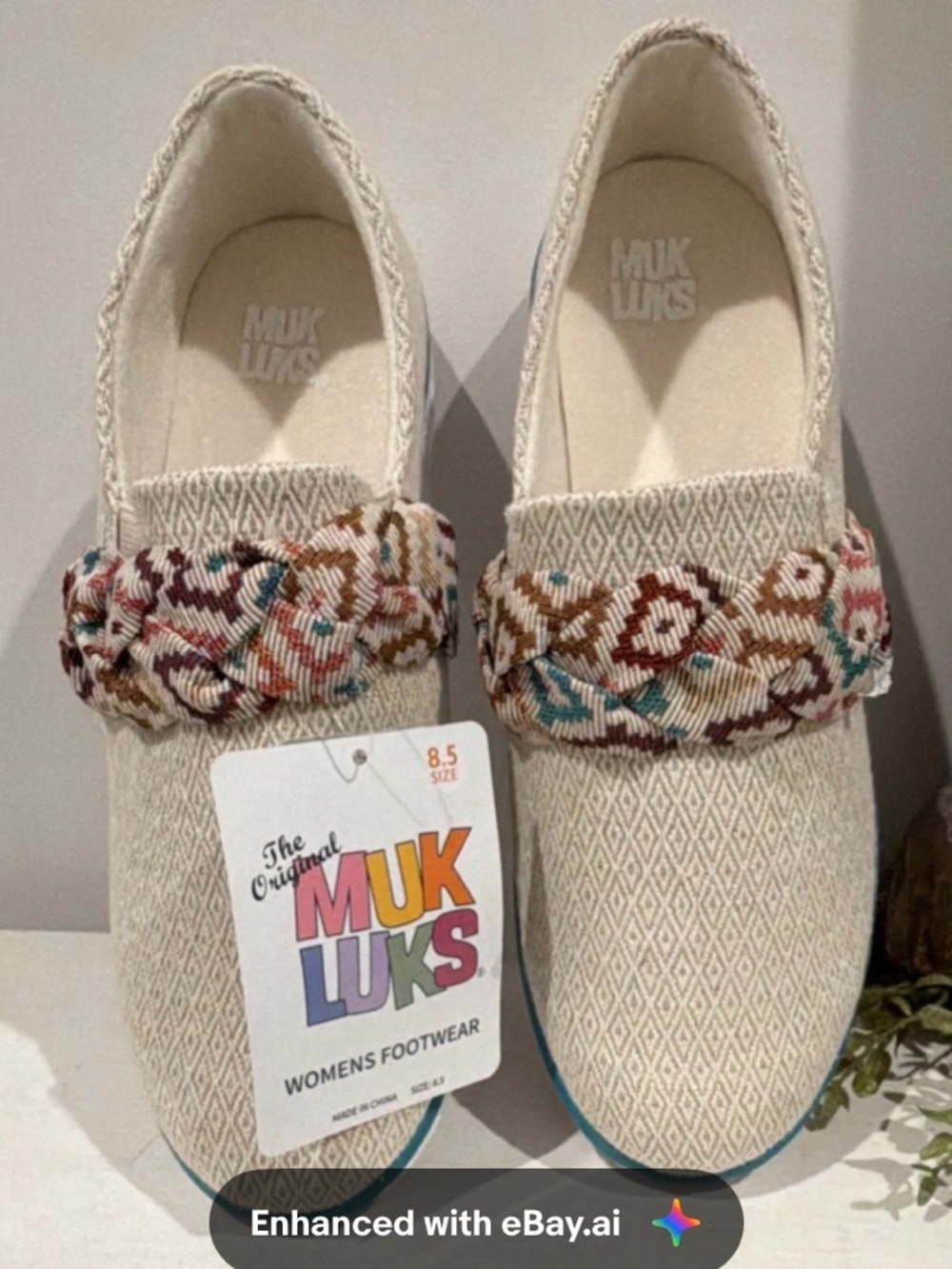 Muk Luks Geometric Boardwalk Slip-On Flats Taupe Multicolor Braided Trim